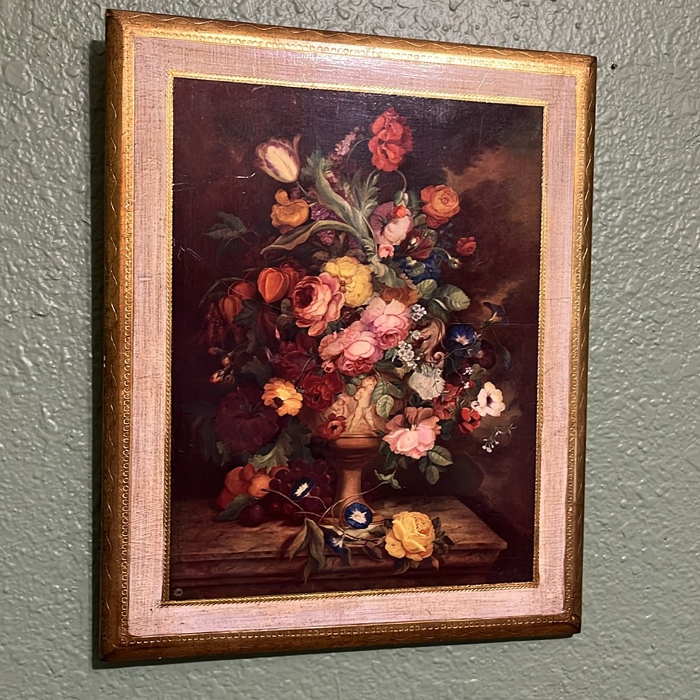 Vintage Large Floral Italian Gold Gilt Art Jan Van Eyck Floral Still Life Wood
